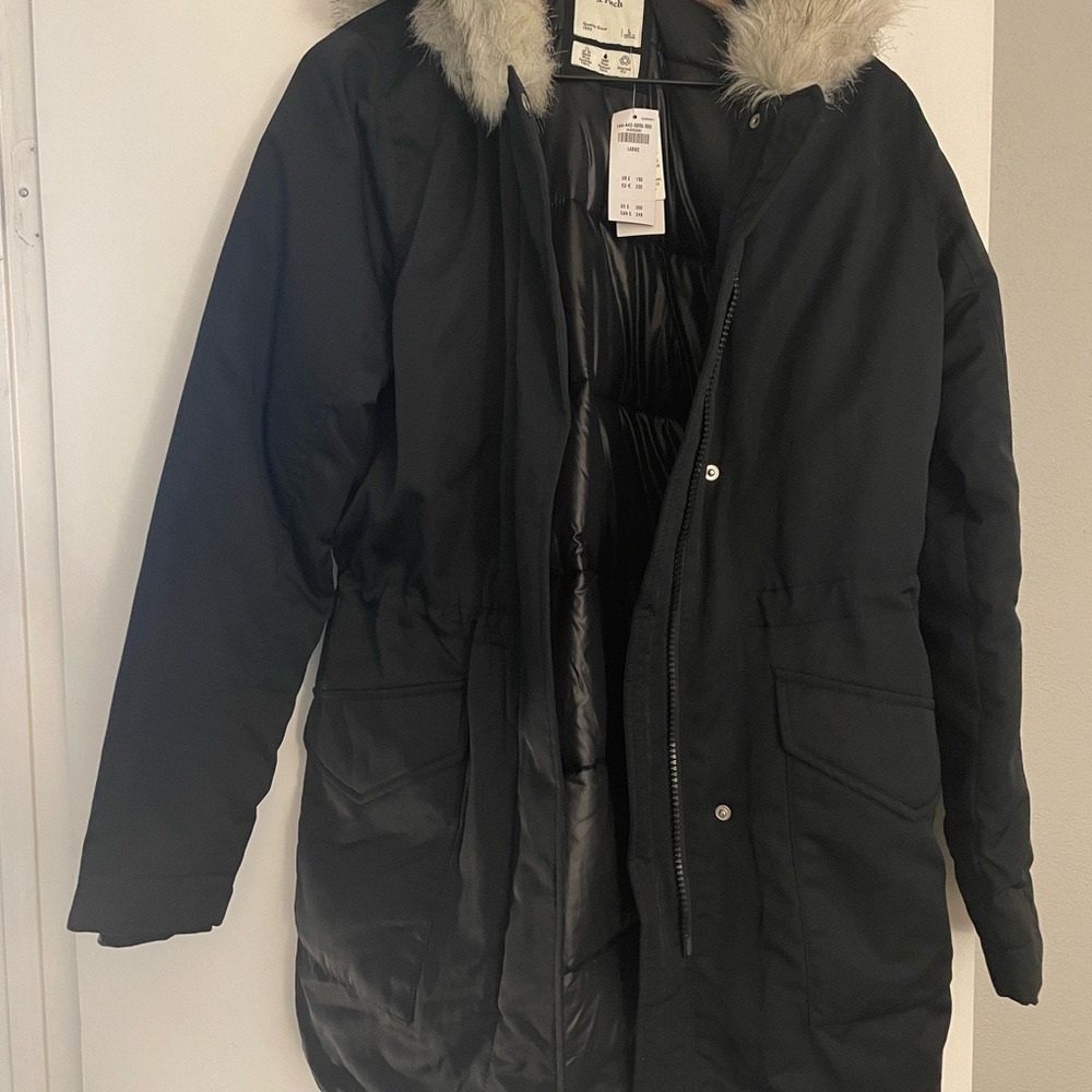 Abercrombie & Fitch Water Wind Resistant Puffer Parka Coat with Faux Fur Hood